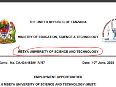 NAFASI ZA KAZI – CHUO KIKUU CHA SAYANSI NA TEKNOLOJIA MBEYA (MUST) – JUNI 2025 NAFASI ZA KAZI – CHUO KIKUU CHA SAYANSI NA TEKNOLOJIA MBEYA (MUST) – JUNI 2025